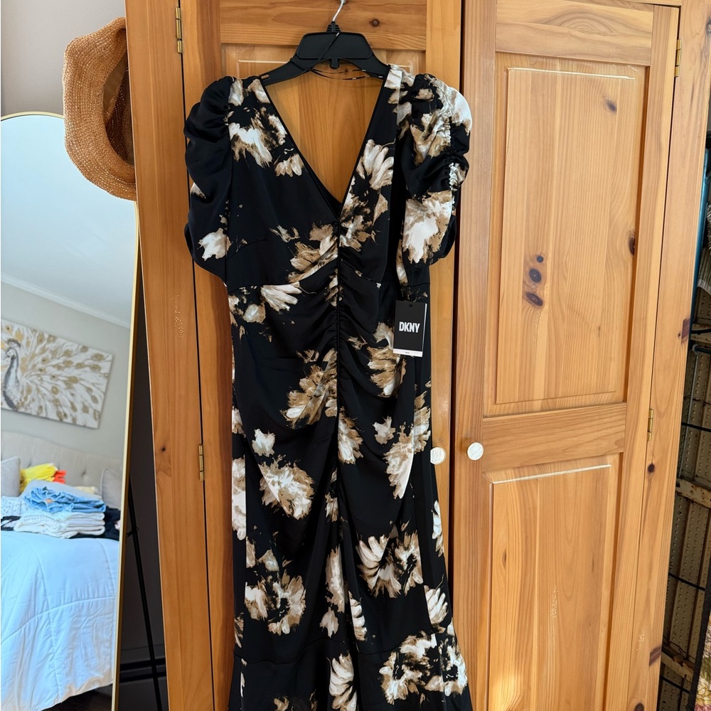 DKNY Black Maxi Dress with Beige Floral Print